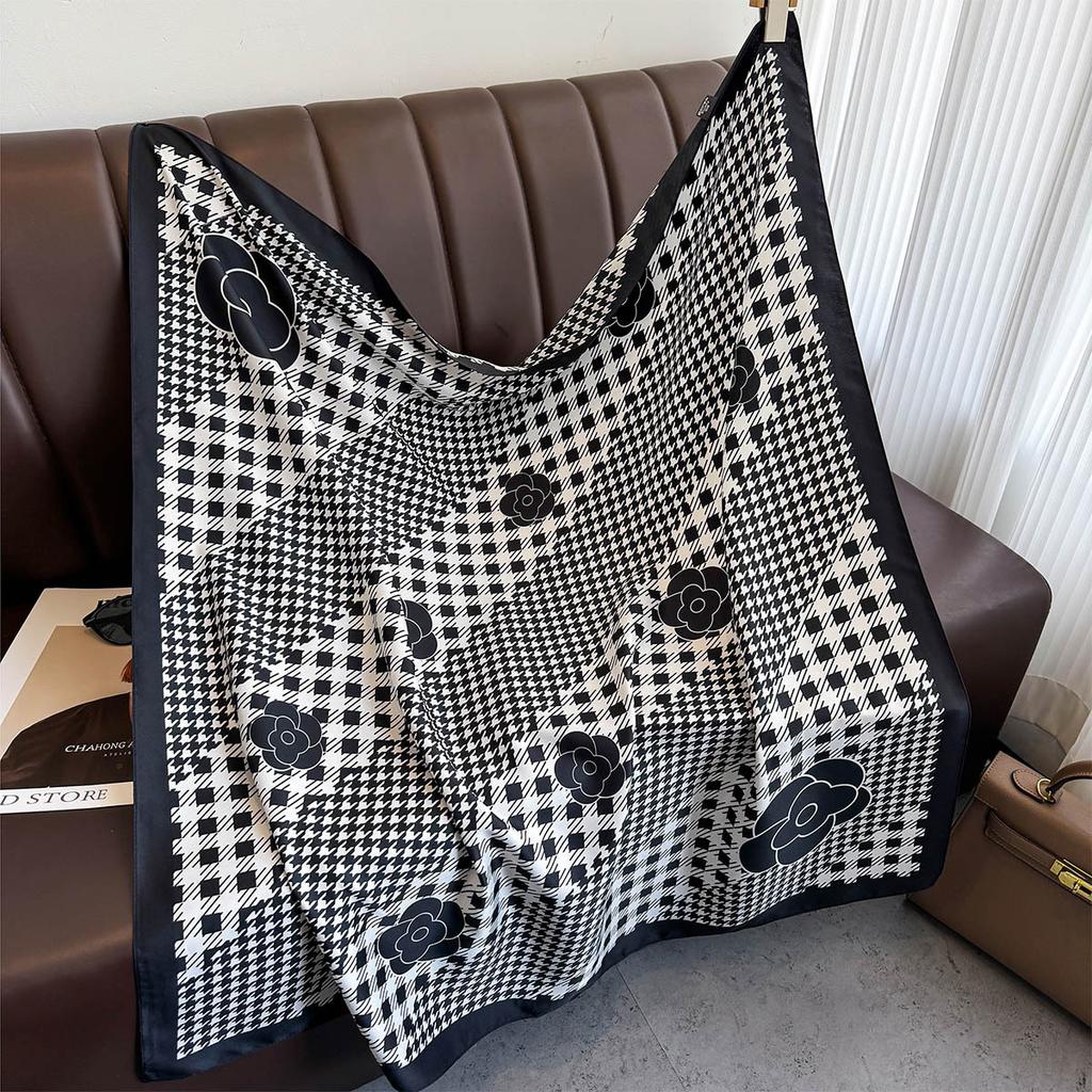 New Korean version plaid printing light luxury large square scarf spring and summer sunscreen silk scarf air conditioner warm shawl women