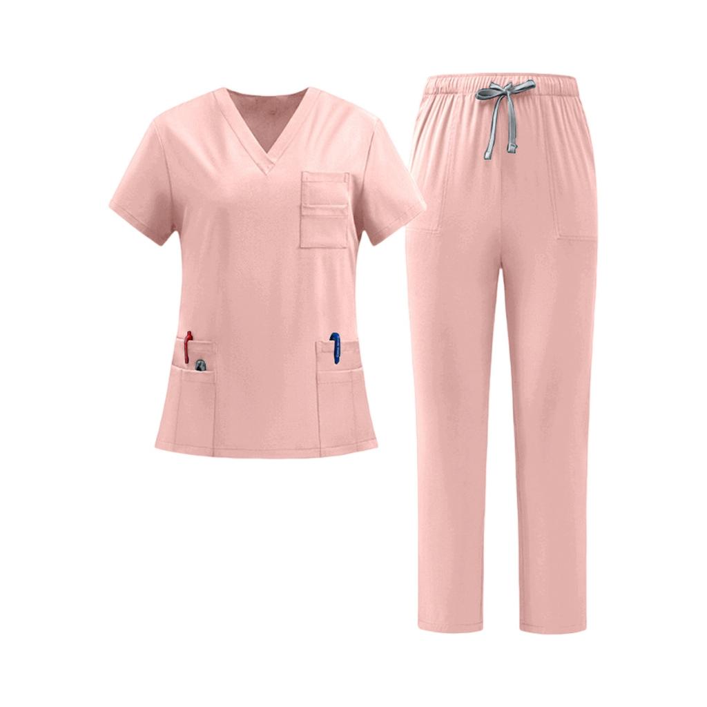 Women Nurse Scrub Set Quick Dry Fabric V Neck Short Sleeve Top with Pockets and Elastic Waist Drawstring Pants Medical Uniform