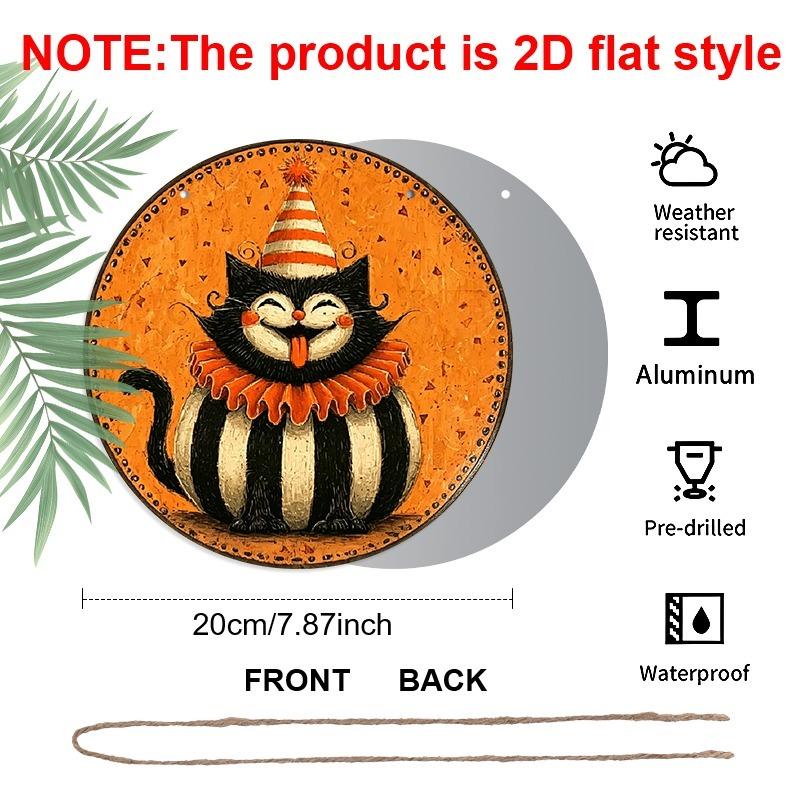 2D Flat 1pc/2pcs, Decorative Plaques and Ornaments Sign, Round Aluminum Vintage Halloween Clown Black Cat Hanging Sign, Smiling Tongue Out Cat Wall