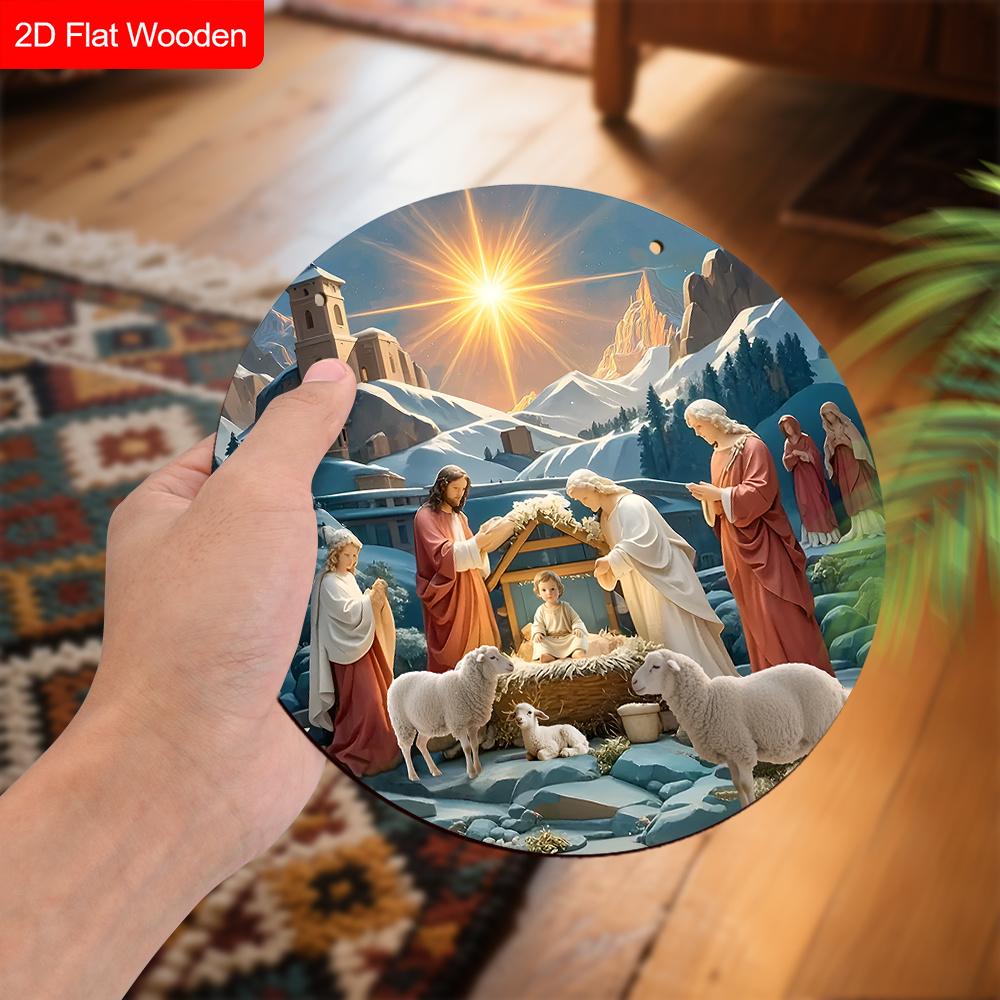 Semn de Crăciun din Lemn Nașterea Domnului - Ornamente Unice cu Figurine cu Model Isus - Ideal pentru Ușa din Față, Curte, Pridvor, Decor Cameră