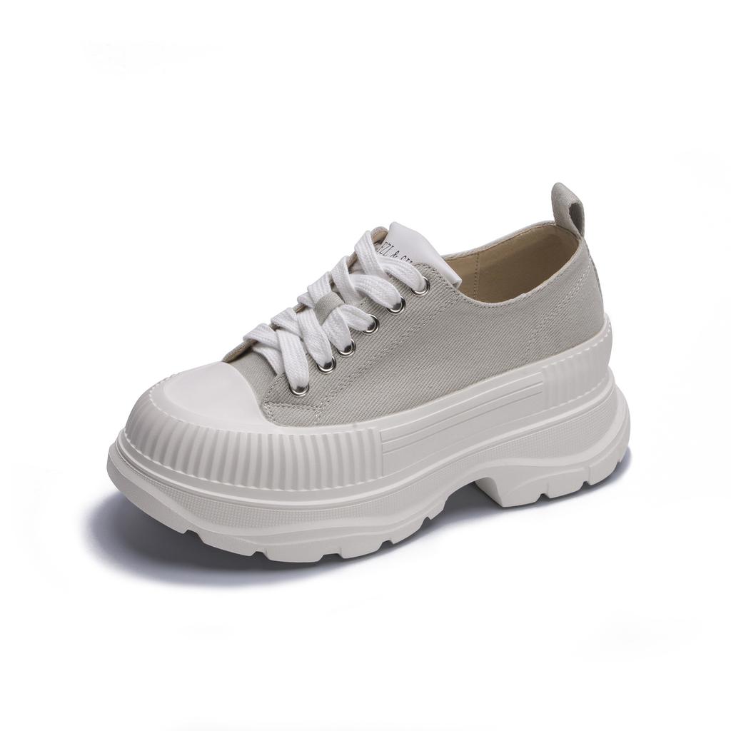 platform-soled muffin shoes women's small height increase versatile casual sports shoes women's school style French canvas lace-up women's shoes