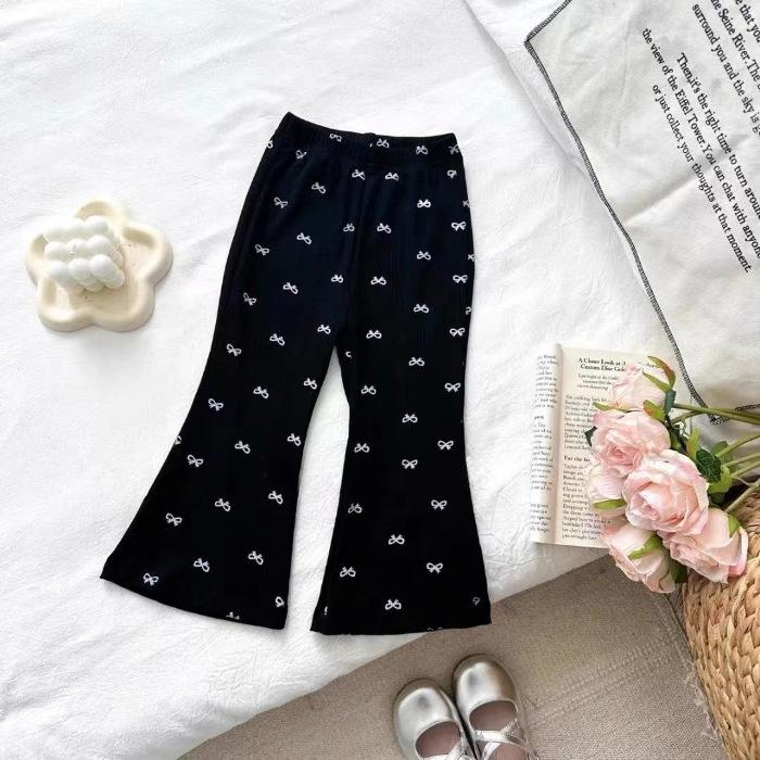 Girls Korean Cartoon Print Flare Pants Autumn Casual Chic Wide Leg Trousers for Kids