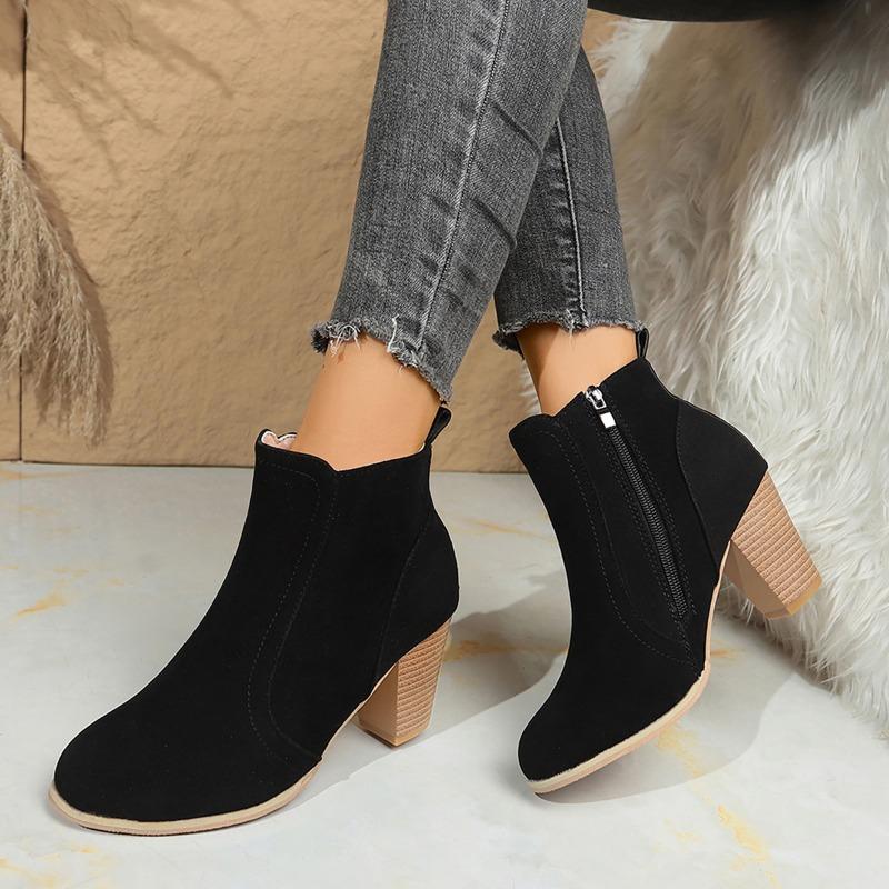 Autumn and Winter New Round Toe Solid Color High Heel Short Tube Side Zipper Fashion Boots Women
