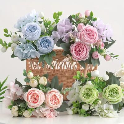 Fake Roses Artificial Flower Bouquet Realistic Mixed Roses Peonies Dahlias with Stem for DIY Wedding Bridal Bouquet Baby Shower Home Table Centerpiece