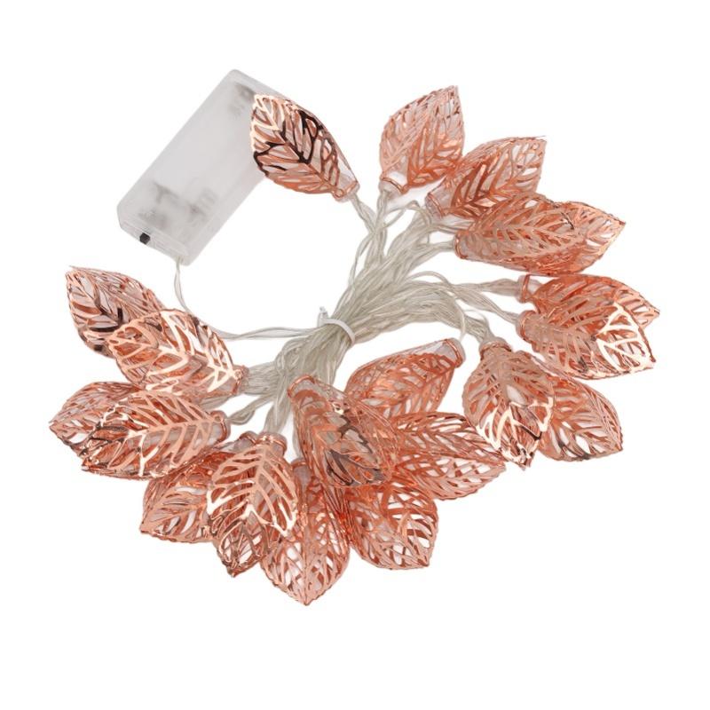 Rose Gold String Lights 20 LEDs Waterproof Battery Powered Hollowed Out Leaf Lights String Party Door Indoor