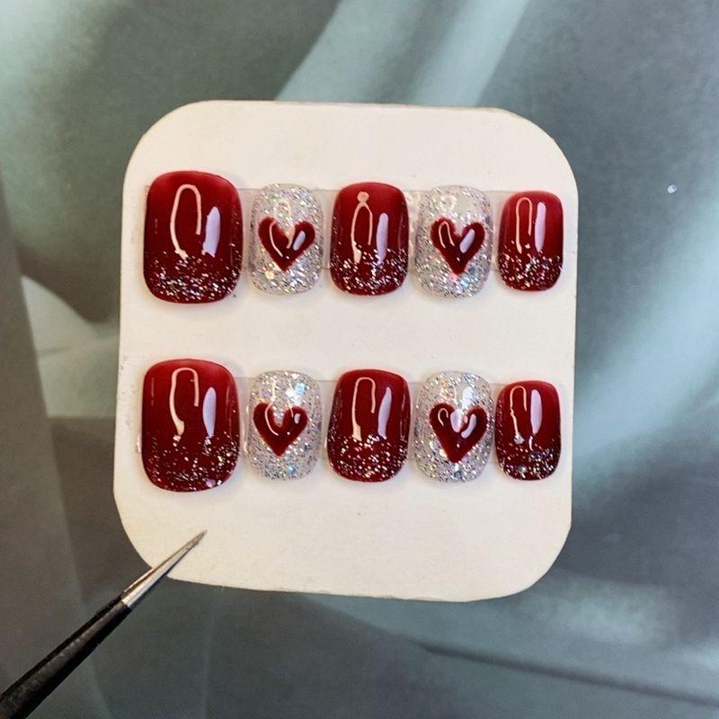 

Red Heart Handmade Wear Nail Finished Product Convenient Detachable Repeat Nail Stickers Bride Wedding Fake Nails Short square round a XS code