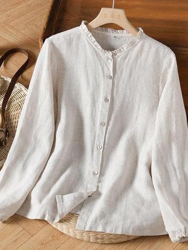 Women's Cotton Linen Ruffled Stand Collar Long Sleeve Retro Cardigan Shirt - Simple, Artistic Style