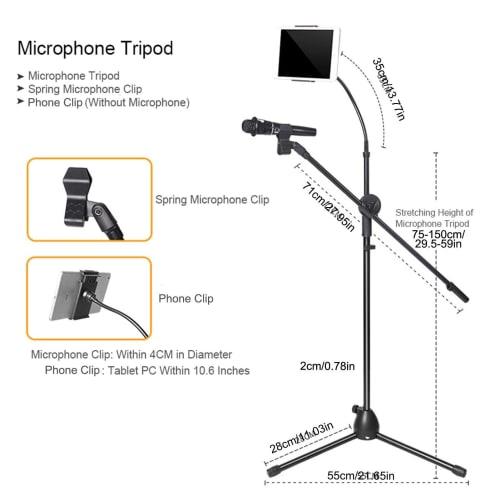 Zynphancer 2-in-1 Microphone Stand Boom, Floor Microphone Tripod, Height Adjustable 75-150cm, with Cell Phone Holder, Bendable Hose, Durable Steel Pip
