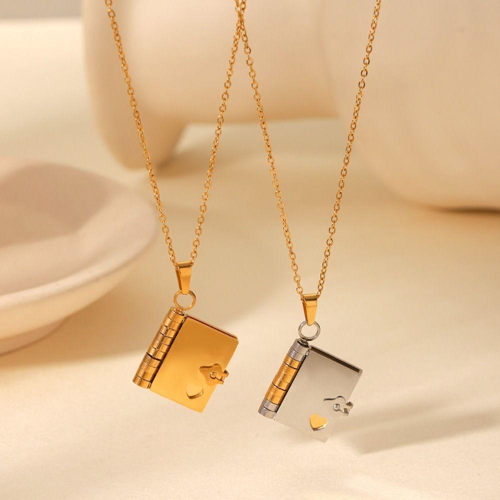 Heart Couple Book Necklace Titanium Steel Couple Text Locket Opening Book Pendant  Female Lady Girl