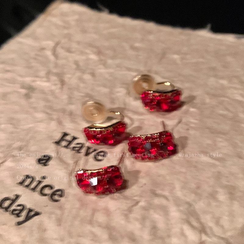 Sterling Silver Red Ear Clip Earrings (No Piercing) - Chinese New Year 2026 Girls' New Style, Light Luxury High-End.
