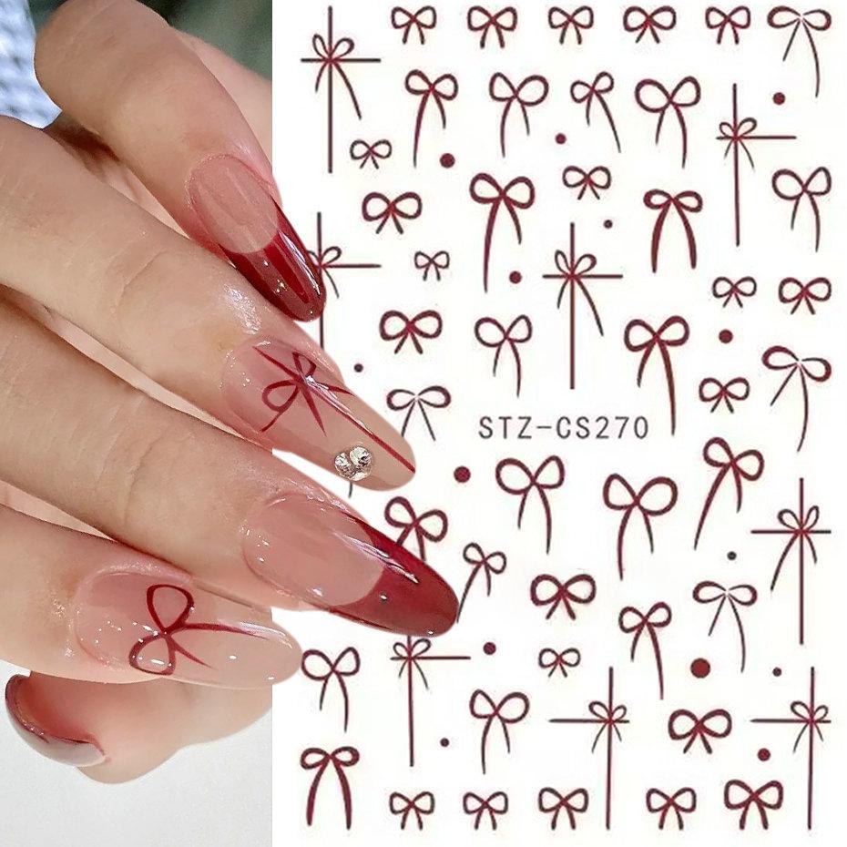 Nail Sticker Wine Red Bow Tie Line Feather Nail Enhancement Back Glue Nail Jewelry Nail