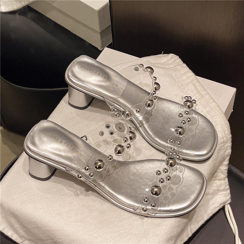 Temperament mit Rock transparent dicker Absatz Damenschuhe 2025 Sommer neu Französische Strass offene Kristallschuhe sexy Ein-Wort-Sandalen