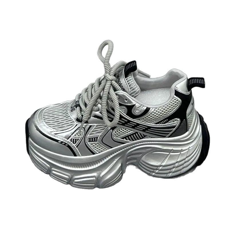 Stříbrné vrstvené dámské boty zvyšující vnitřní výšku, nové podzimní platformové muffin sportovní a volnočasové dad shoes