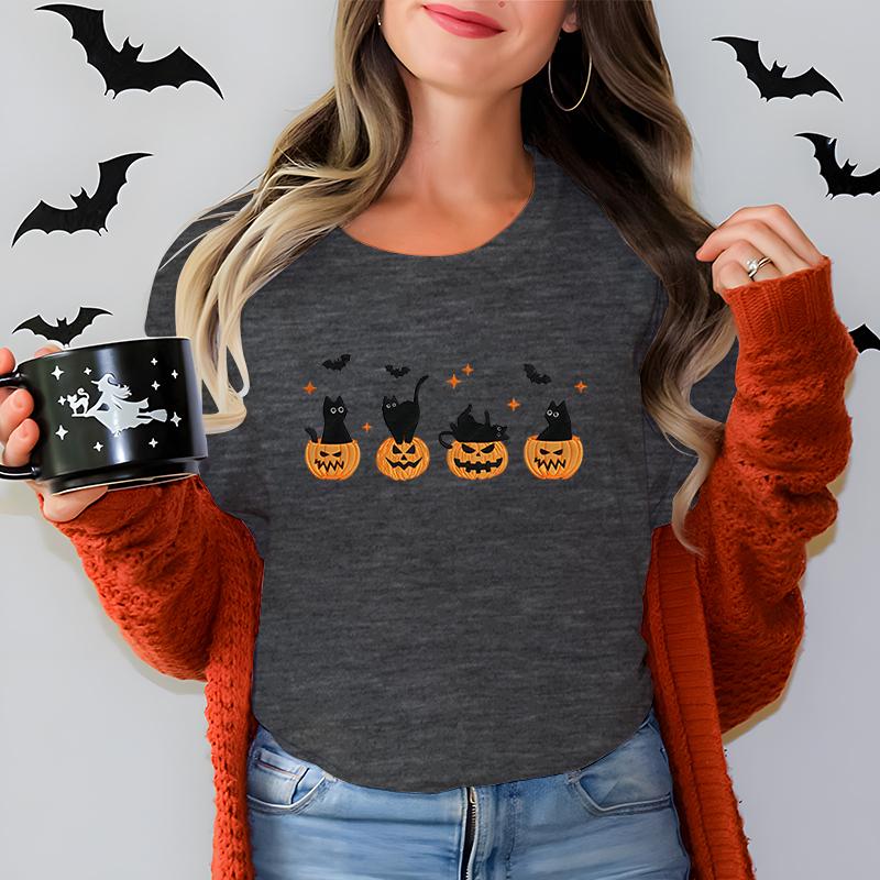 Black Cat Pumpkin Graphic T Shirts Women Trendy Halloween Retro Essential Classic Tops Cat Lover Spooky Season Halloween Tshirt
