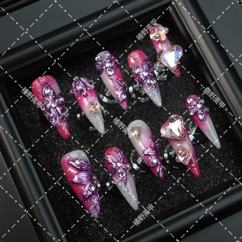 Press-On Nails With Pink Gradient Sparkle Hearts Butterflies Floral Design Acrylic False Women Long Style L Includes 3-piece nail art tool kit