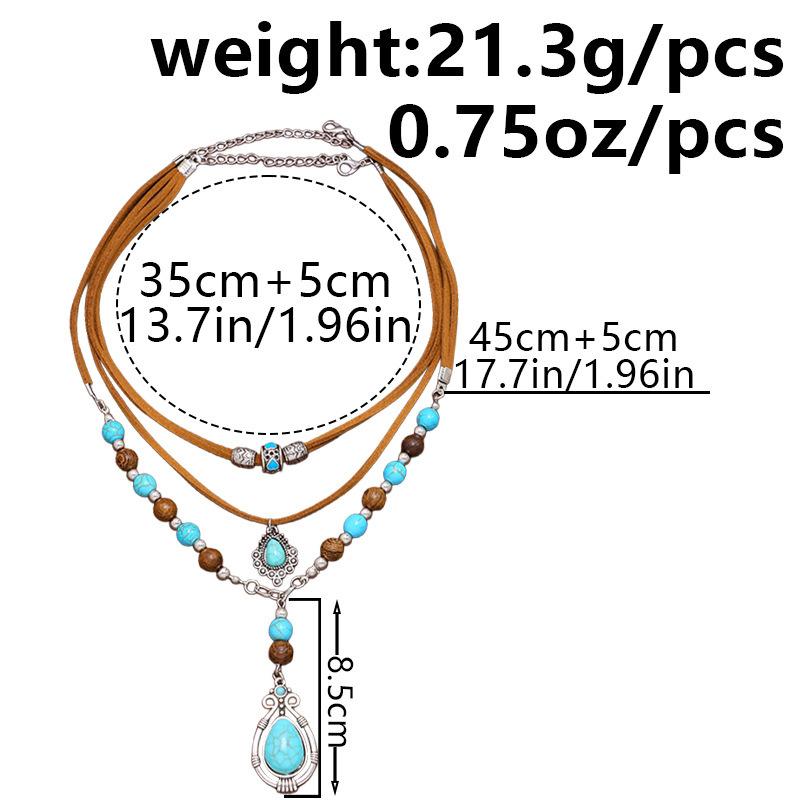 Vintage Multi-layer Women's Leather Rope Necklace Ethnic Style Turquoise Pendant Collarbone Chain Bohemian Jewelry Accessories
