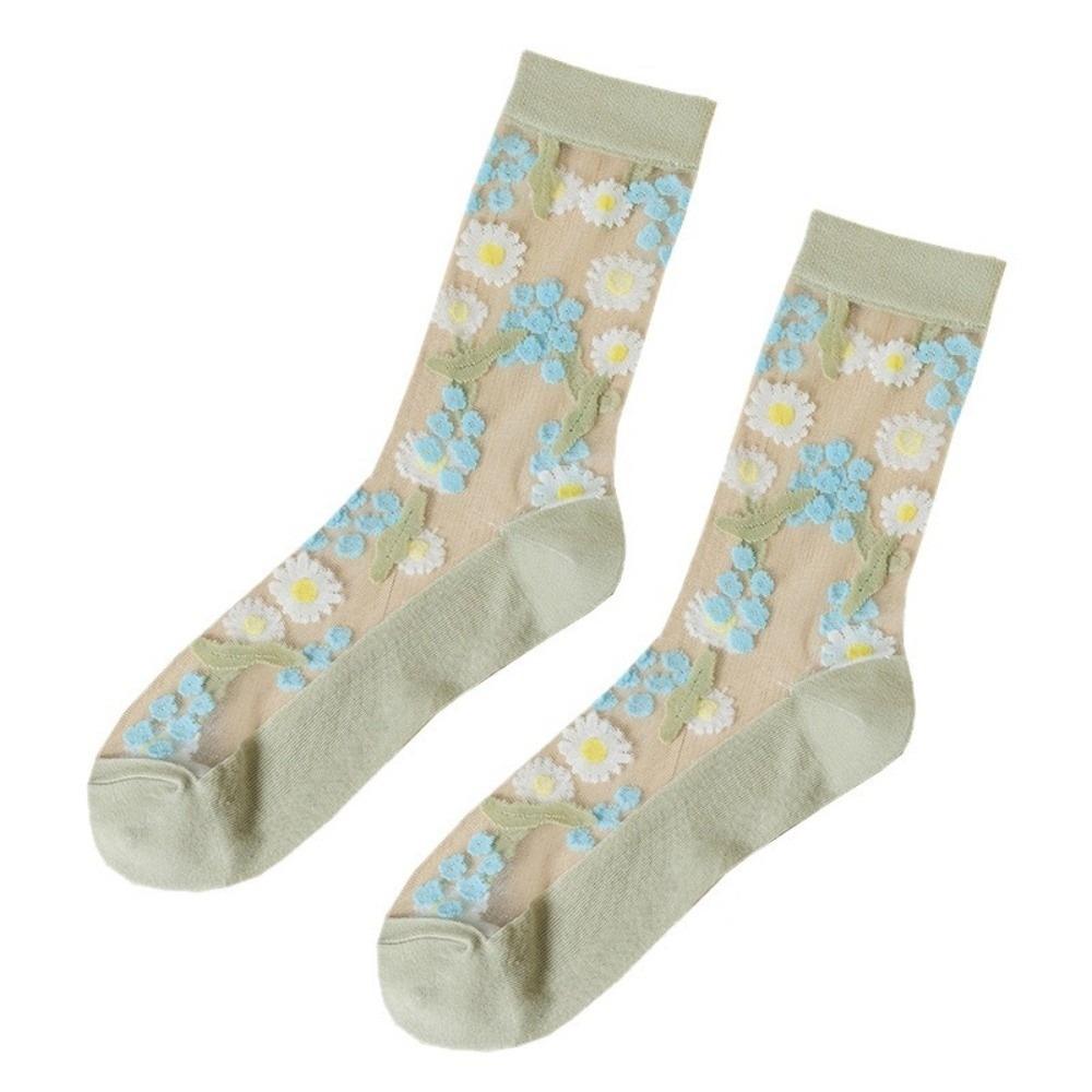Crystal Silk Floral Embroidery Socks Ultra-Thin Nylon Long Socks Chic Mid-Tube Socks Cosplay