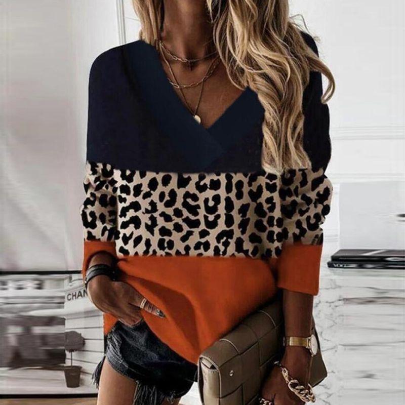 

V-neck Leopard Pattern Patchwork Long-Sleeve Top I Long Sleeves Tops 01 Orange XXL