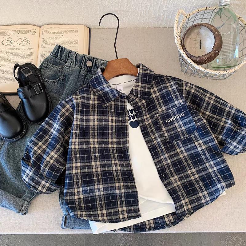 Boys Spring Autumn Plaid Long Sleeve Shirt Korean Casual Button Down Top For Kids
