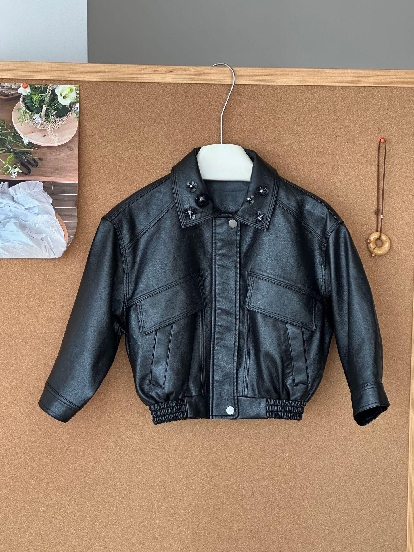 

Girls Black Leather Jacket - Spring/Autumn 2025 Stylish Korean Zipper Lapel Outerwear for Kids 120 cm чорний