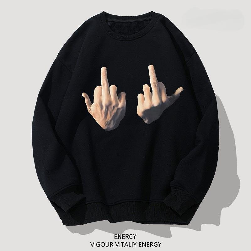 American High Street Friendly Middle Finger Loose Round Neck Sweater Unisex Autumn/Winter Trendy Sweatshirt