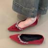 Temperament rhinestone pointed single shoes women's spring, summer and autumn 2025 French sweet velvet red light mouth soft sole evening shoes