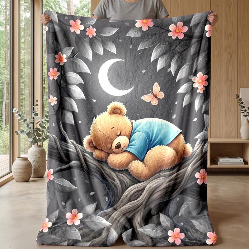 Teddy Bear Sleeps On Branch Under Moon Theme Blanket Lightweight Warm Flannel Blanket Decorative Throw Blanket for Home Decoration