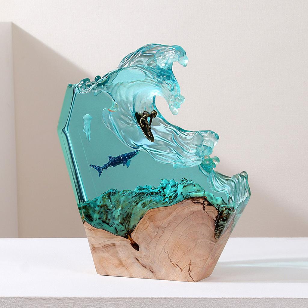 LED Ocean Surfing Night Light Synthetic Resin Wooden Handmade Bedside Table Lamp 3D Desk Art Ornament for Office Bedroom Decor