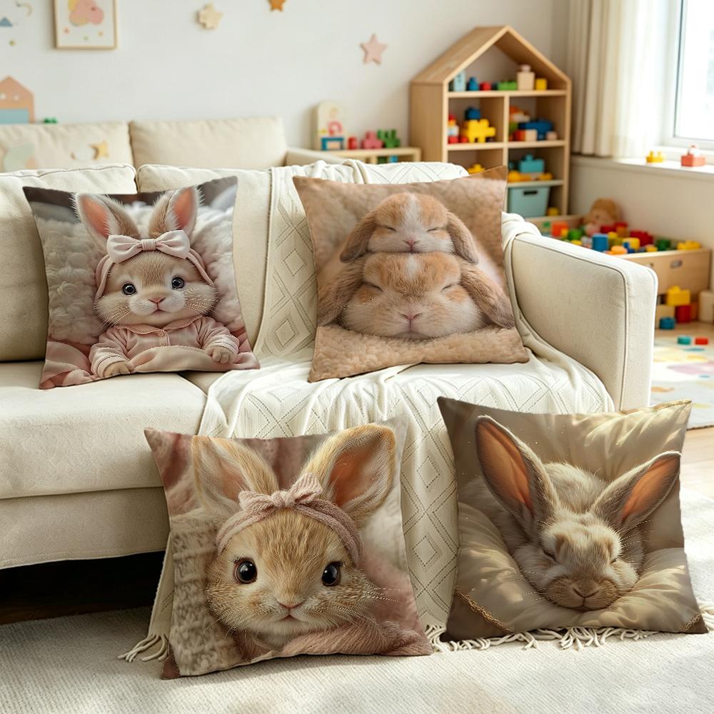 Realistic Cute Fluffy Bunny Print Throw Pillow Cover Soft Gentle Skin Touch Warm Tone Sofa Bedroom Home Decor Present