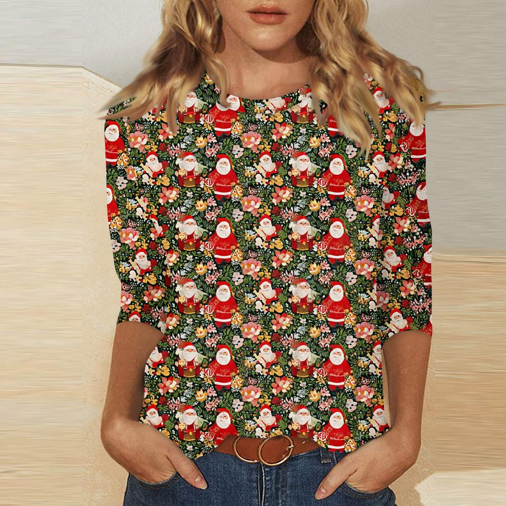 Women's Fashionable Casual Three Quarter Sleeve Christmas Printed Round Neck Top
