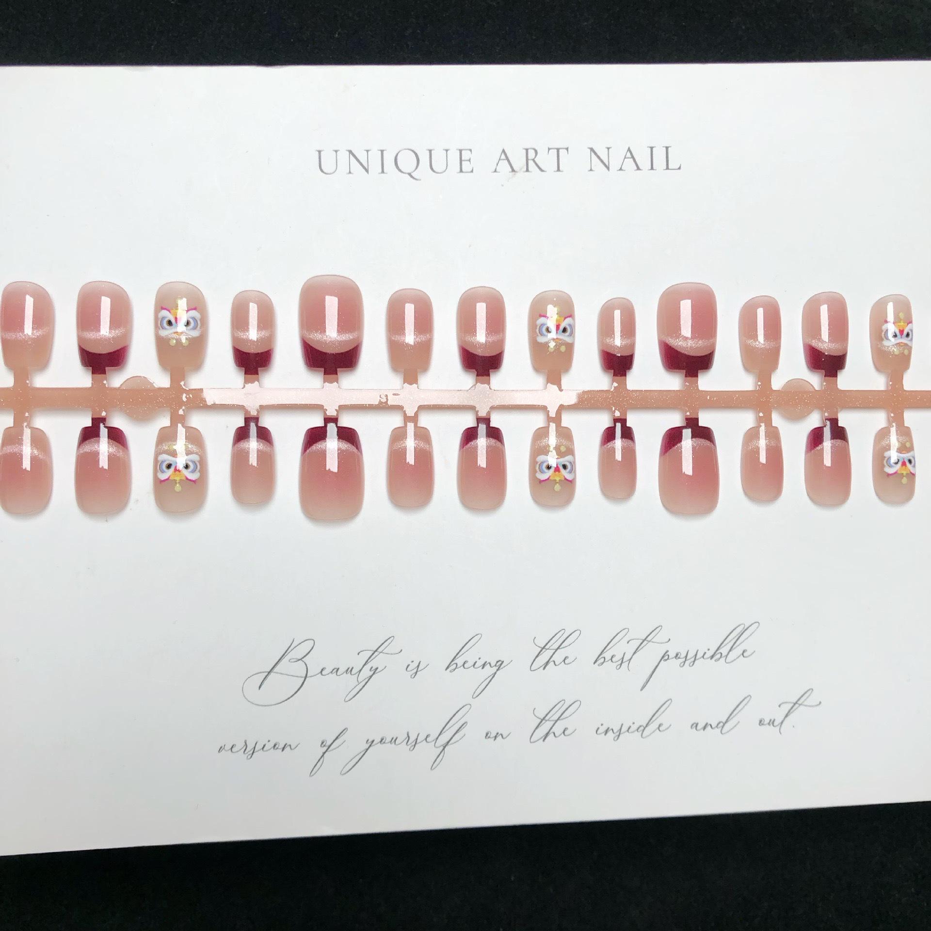 

Burgundy Cat Eye & Blush Lion Dance Wearable Nails: Short, Removable New Year Nail Art Patches