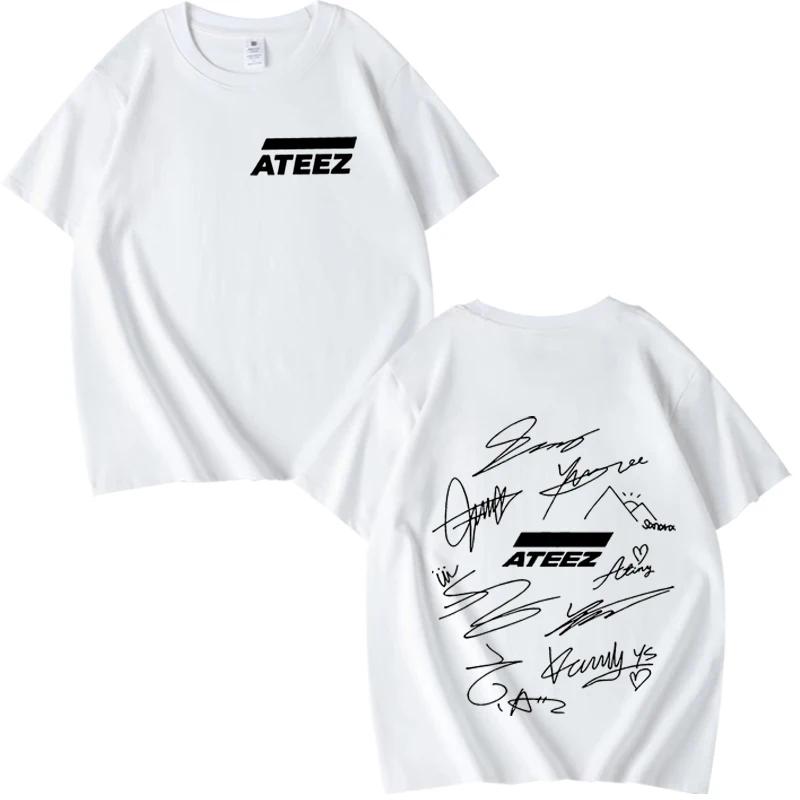 Camiseta ATEEZ World Tour com Assinaturas dos Membros da Banda e Estampa Geométrica nas Costas masculina feminina Verão Unisex tops