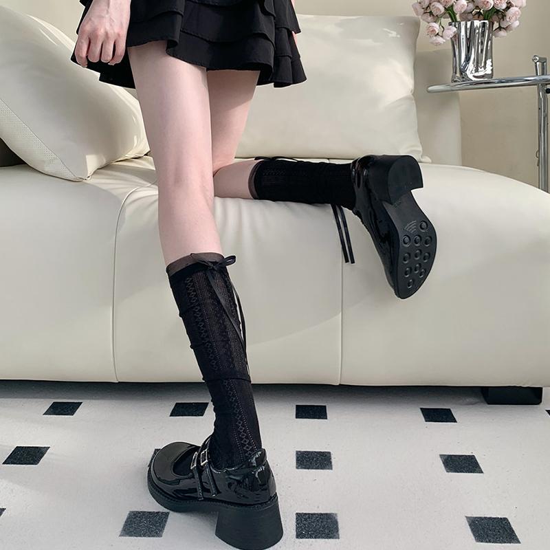 Breathable Mesh Bow Socks - Thin Ballet Style Slouch Socks for Summer, Soft Calf Length Socks with Ruffle Trim for Daily Wear