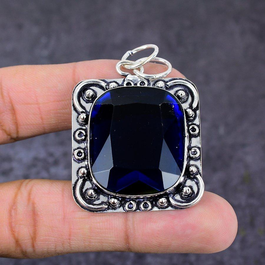 London Blue Topaz Gemstone Handmade 925 Sterling Silver Gift Pendant 2.09" f7B84