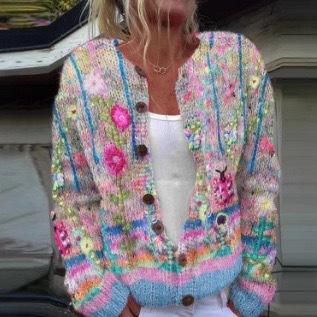 European Style 3 D Print Cardigan Knitted Jacket Spring and Fall Women 7 Sweater