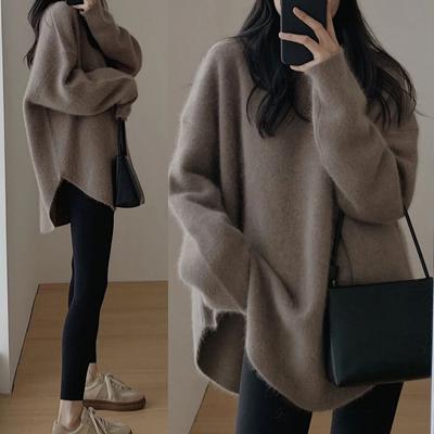Women's Round Neck Solid Color Sweater 2024 Autumn And Winter New Loose Thickened Mid-length Pullover Coat Sweater Top