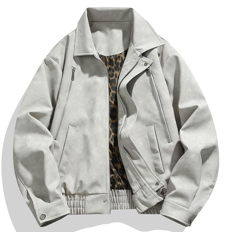 Men's Lapel Leather Jacket Men's Spring and Autumn New Zipper Vintage Cargo Cycling Motorcycle Jacket