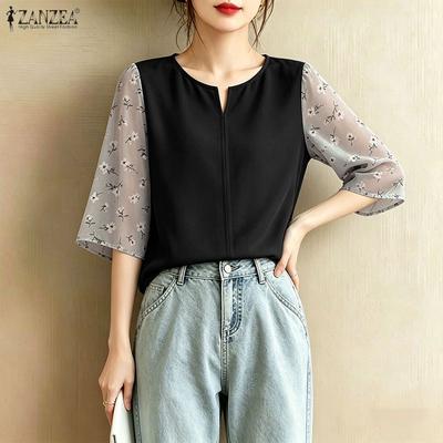 Women Casual Round Neck Loose Floral Splice Short Sleeve Blouse