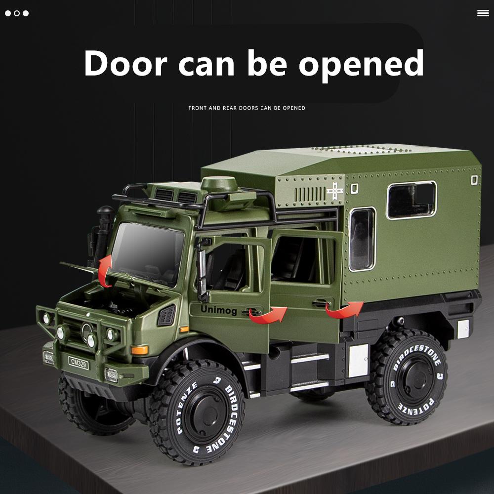 1/28 UNIMOG U4000 Wohnmobil Legierung Geländewagen Modell Druckguss Spielzeug Geländefahrzeuge Modell Ton und Licht Kindergeschenk