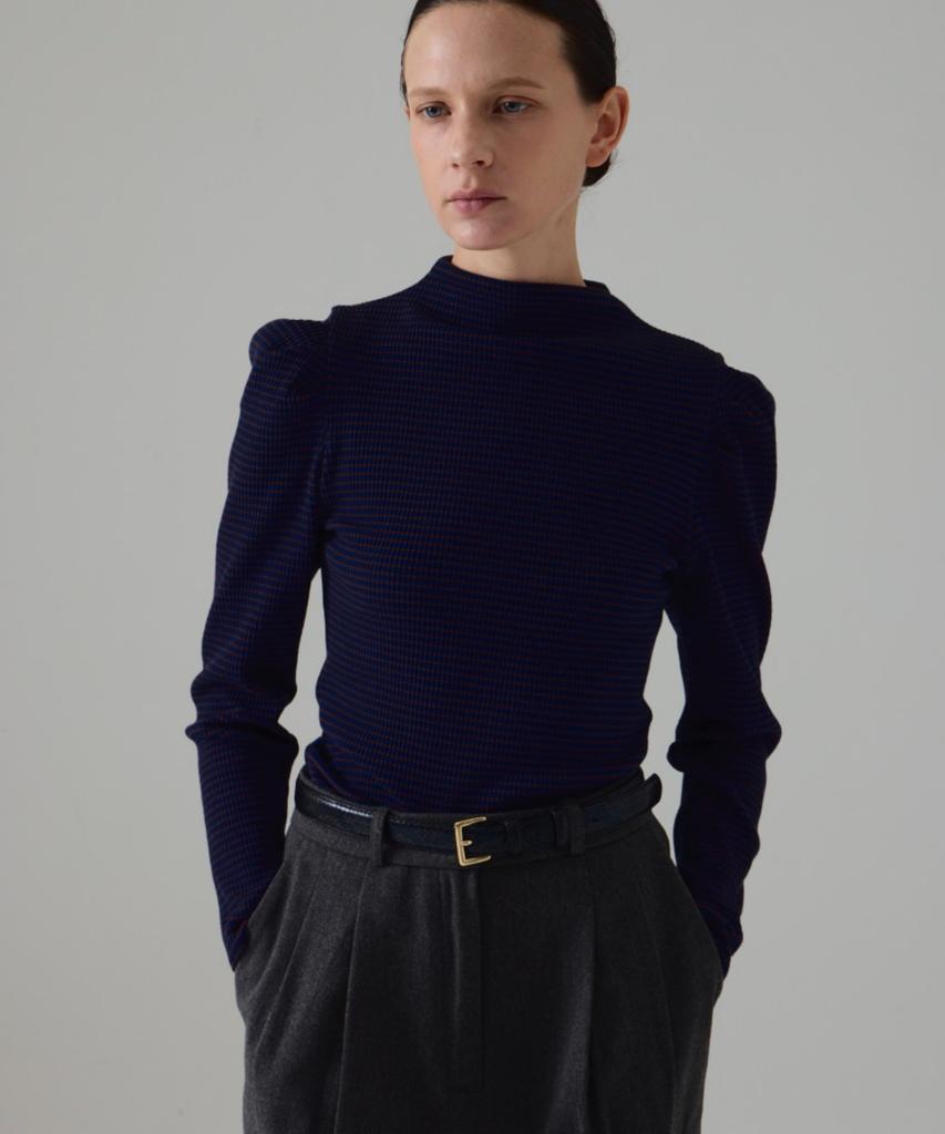 Owaiwai Ribbed Puff Half-Neck T-Shirt_Stripe Navy
