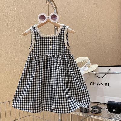 Vestito a Quadri Bianco e Nero da Ragazza Estivo Vacanza Casual da Spiaggia Abito Prendisole Bambini Principessa Pizzo Senza Maniche Gilet Abito per 2 A 8 Anni