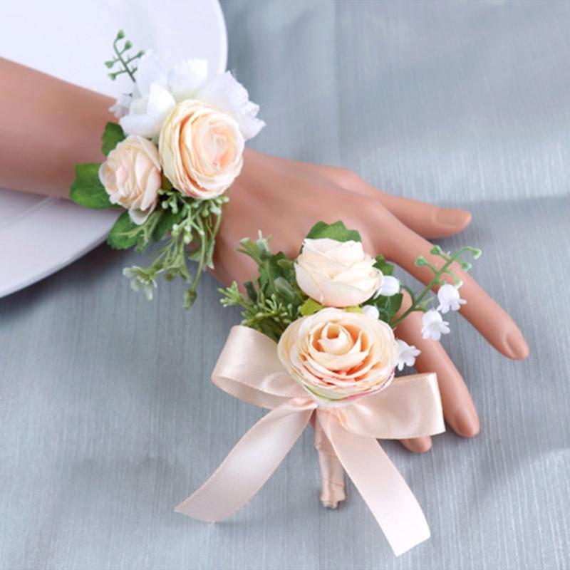 Wedding Flower Wrist Corsages Boutonniere for Bride Groom Natural Looking Artificial Rose Flower for Special Occasion
