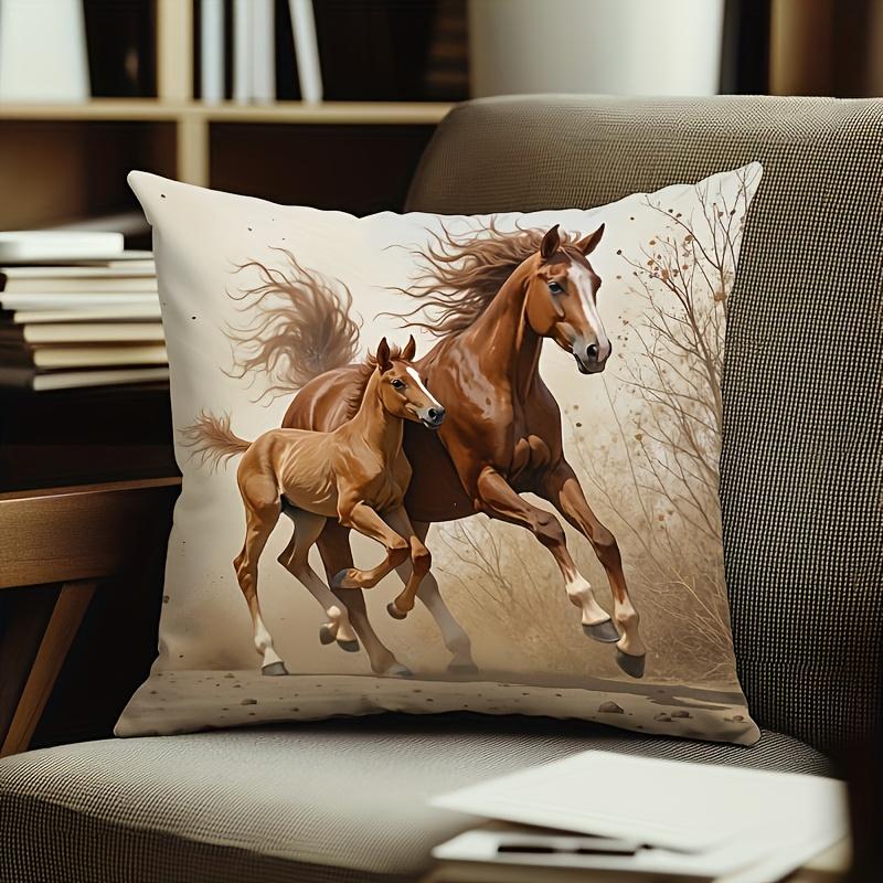 Federa per Cuscino Quadrata Stampa Cavallo Marrone Maestoso e Pony che Corrono Morbido Poliestere Lavabile in Lavatrice Copricuscino per Casa Ufficio Divano B