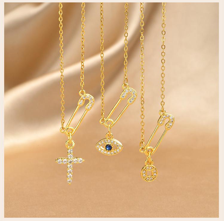 Protection Amulet Necklace Gold Plated Safety Pin Cross Blue Evil Eye Coin Charms Jewelry for Women Waterproof