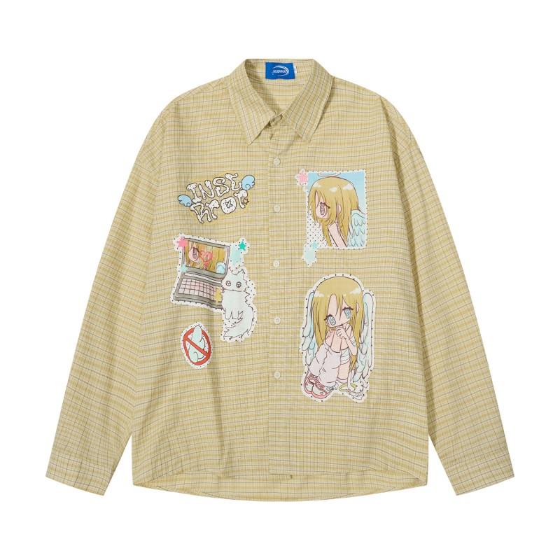 Amerikanischer Süßer Cooler Stil Blau Weiß Kariert Anime Mädchen Druck Locker Langarmshirt Herren