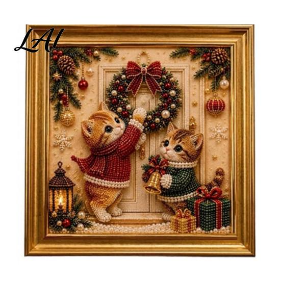 Relaxing Handmade Faux Pearl Sets Christmas Cat Art Kit with Frame Kitty Painting DIY Decorative Supplies Kit 3D Bead Wall Craft for Adults