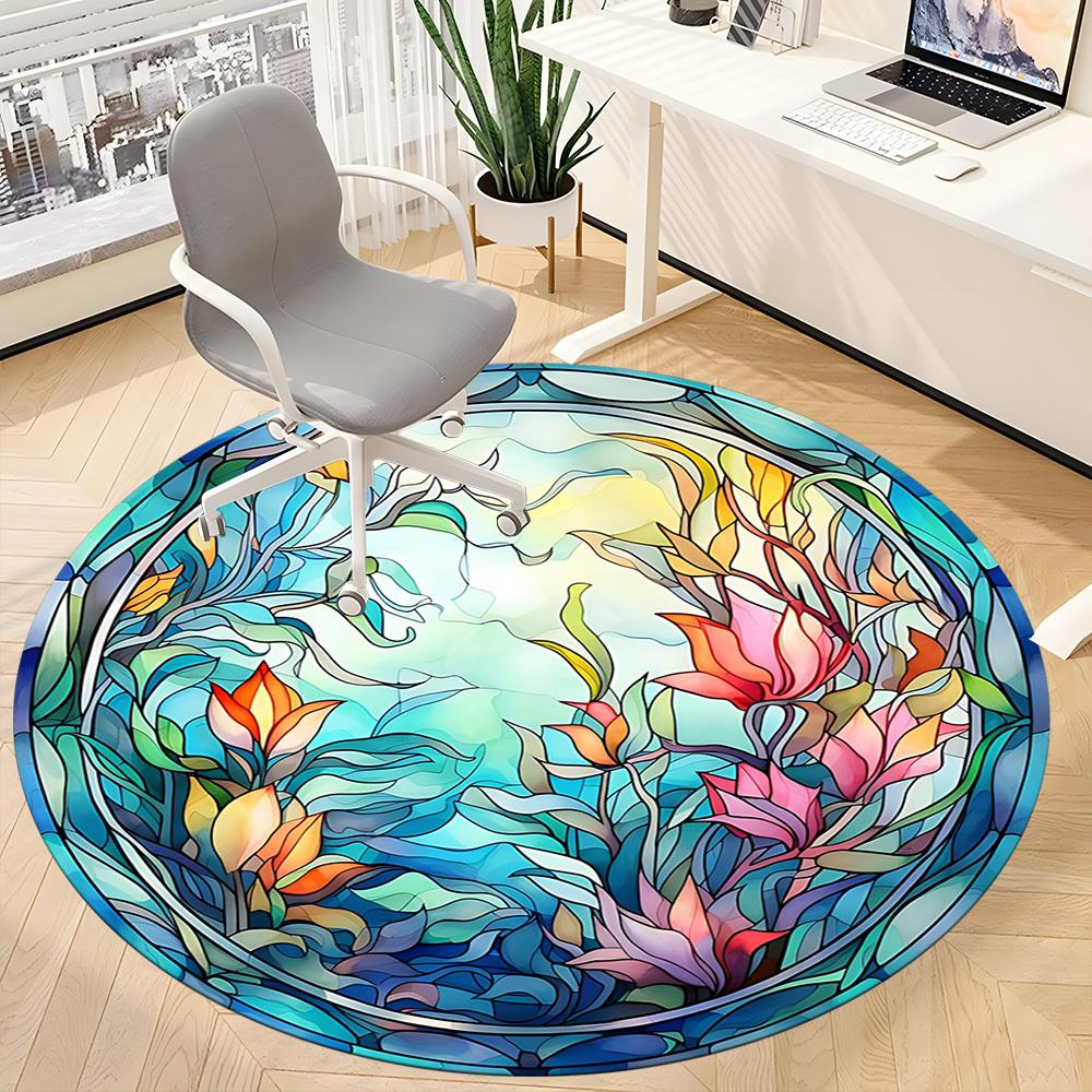 1pc Floral Stained Glass Office Round Area Rug, Under Office Chairs Bedroom Living Room Home Decor, Room Deco