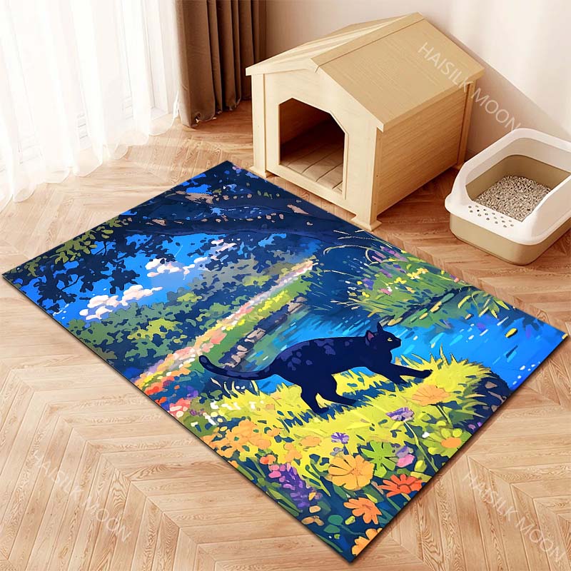 Multiple sizes Black cat by stream wildflowers Print Carpet for Living Room Bedroom Sofa Home Decor Non-slip Mat Luxury Gift
