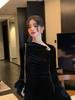 Elegant French Hepburn-Style Black Gold Velvet Dress for Women