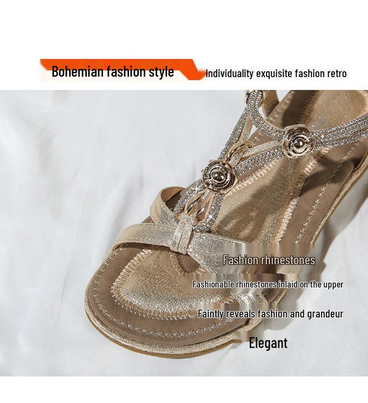 2024 Summer Bohemian Rhinestone Flat Sandals Women's Fashion